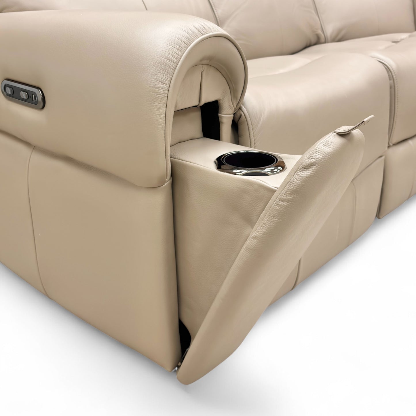 ‘Ezra’ Oyster Leather Power Recliner Modular 2 Corner 2 Sofa with Cup Holders and Storage