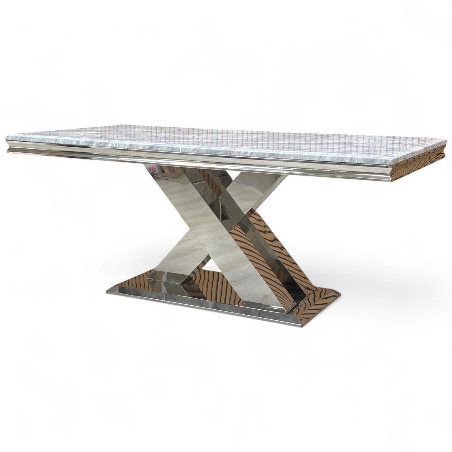 Detailed close-up view of the unique curved X-shaped pedestal base, showing the bright, reflective chrome finish and sleek design.