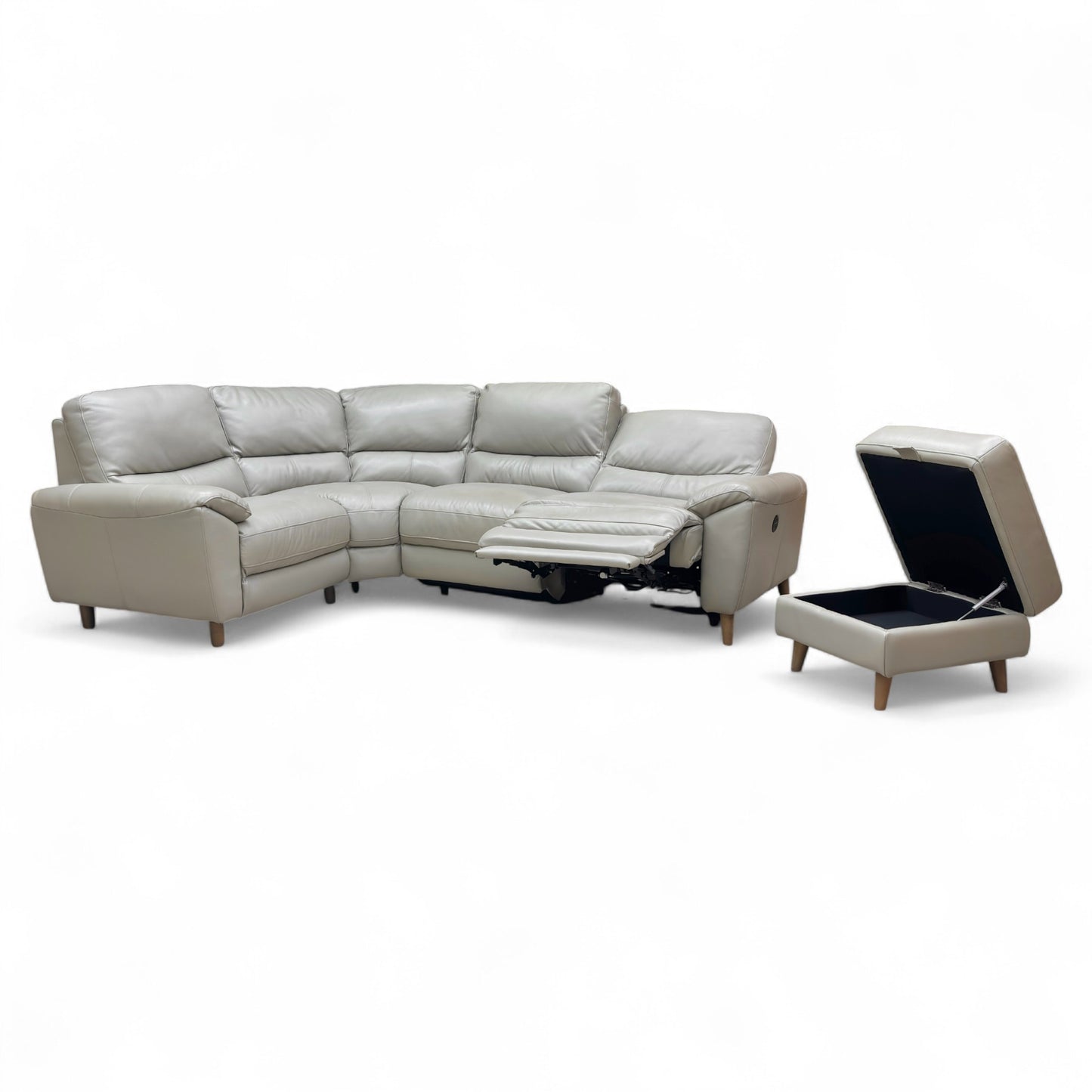 ‘Silverstone’ Cat-60:23 Lead Grey Leather Compact Left Hand Facing Power Recliner Corner Sofa + Small Storage Footstool