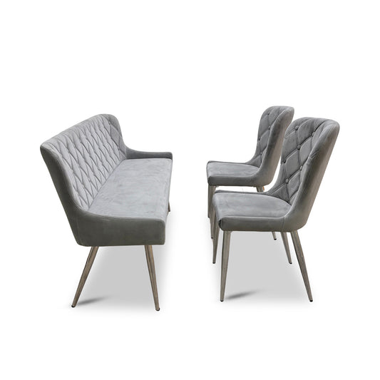 ‘Donnie’ Silver Velvet Dining Bench + 2 Chairs
