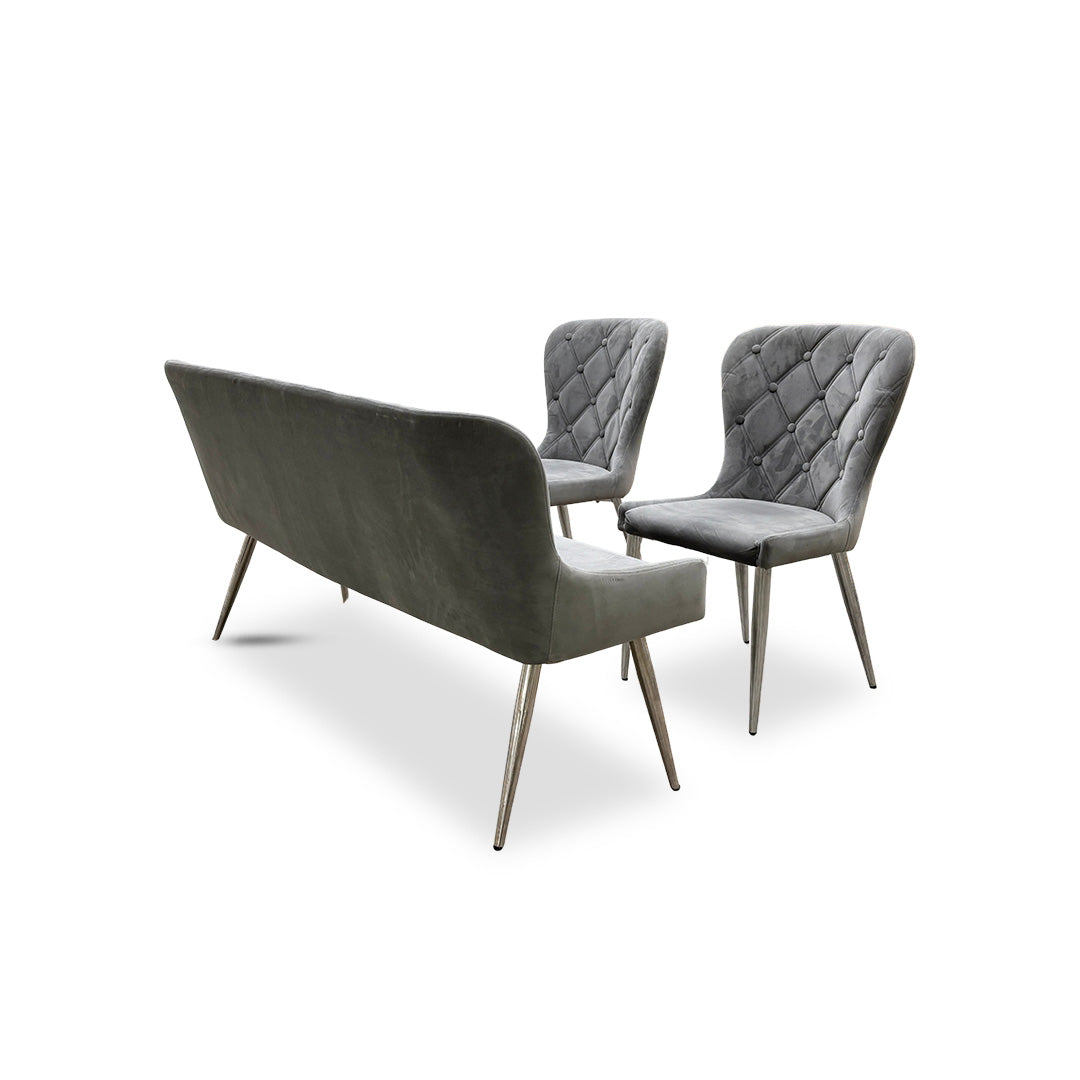 ‘Donnie’ Silver Velvet Dining Bench + 2 Chairs