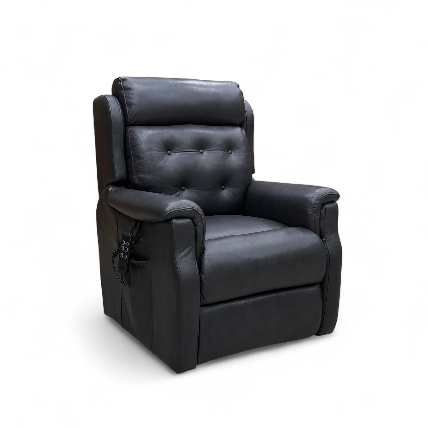 Black leather power recliner with footrest extended