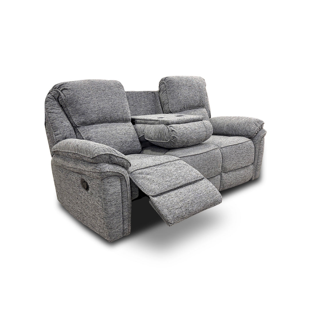 ‘Belmont’ Grey Fabric Manual Recliner 3 Seater Sofa with Drop Down Cup Holders