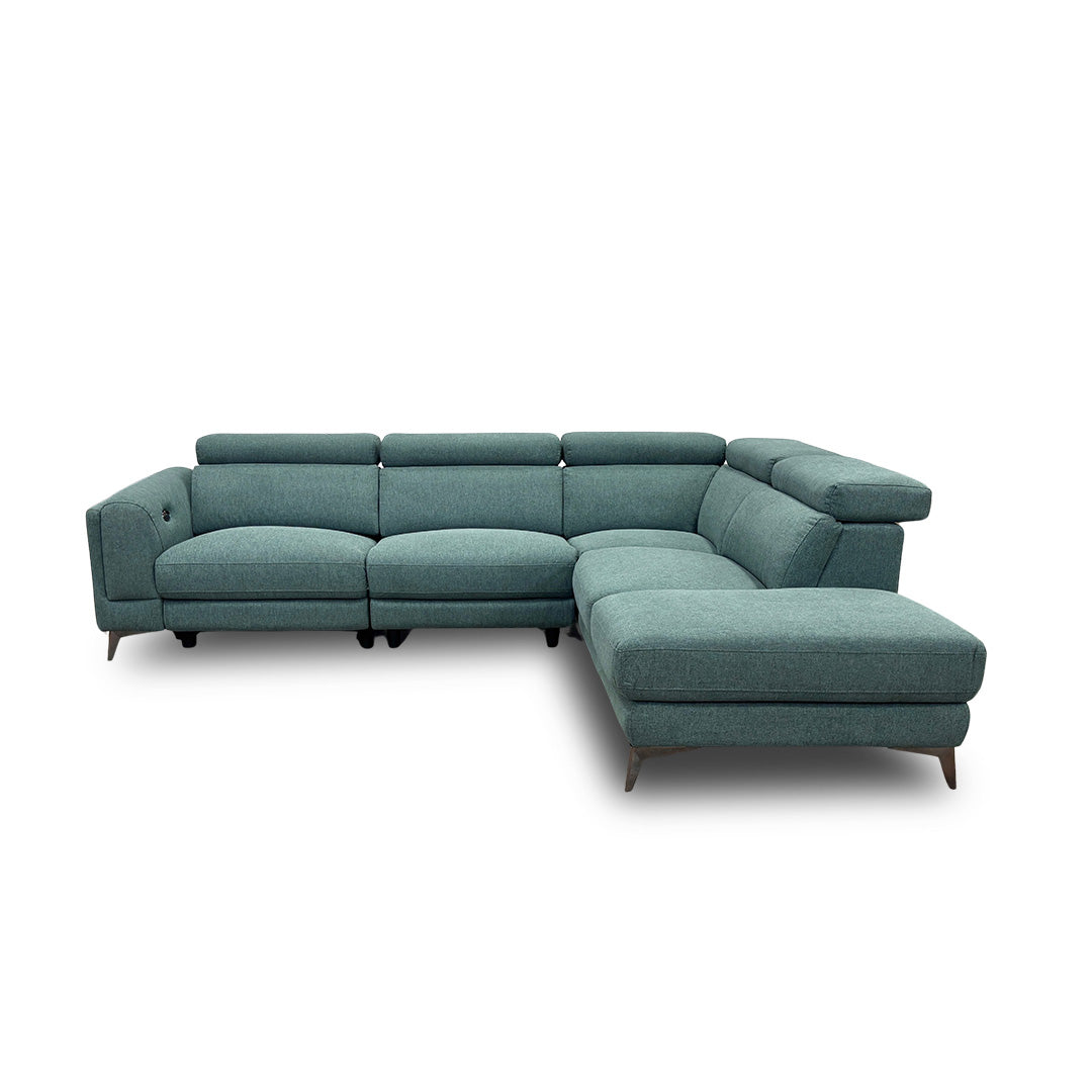 ‘Cordova’ Green Fabric Power Recliner Right Hand Chaise Corner Sofa with Adjustable Headrests
