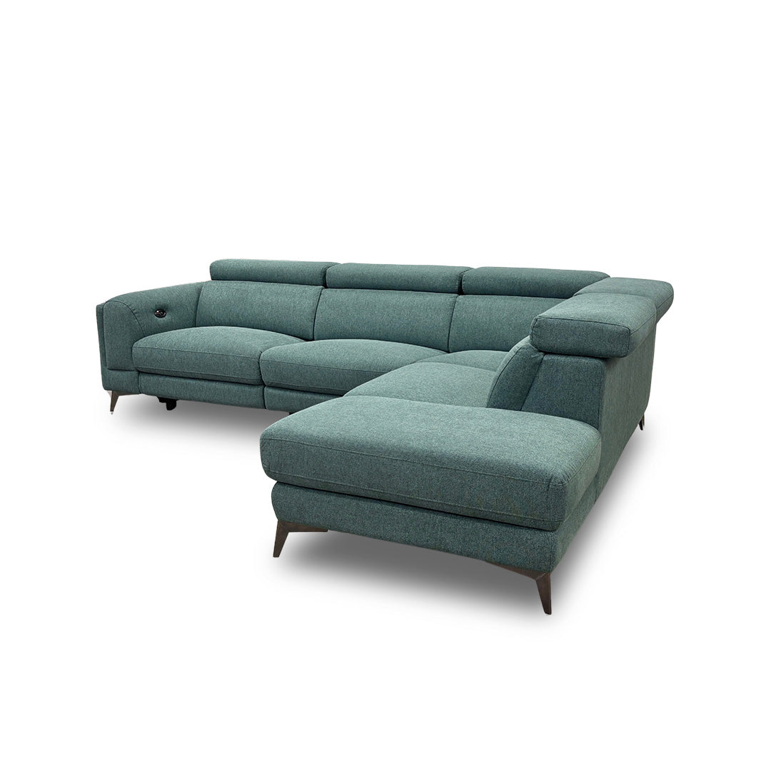 ‘Cordova’ Green Fabric Power Recliner Right Hand Chaise Corner Sofa with Adjustable Headrests