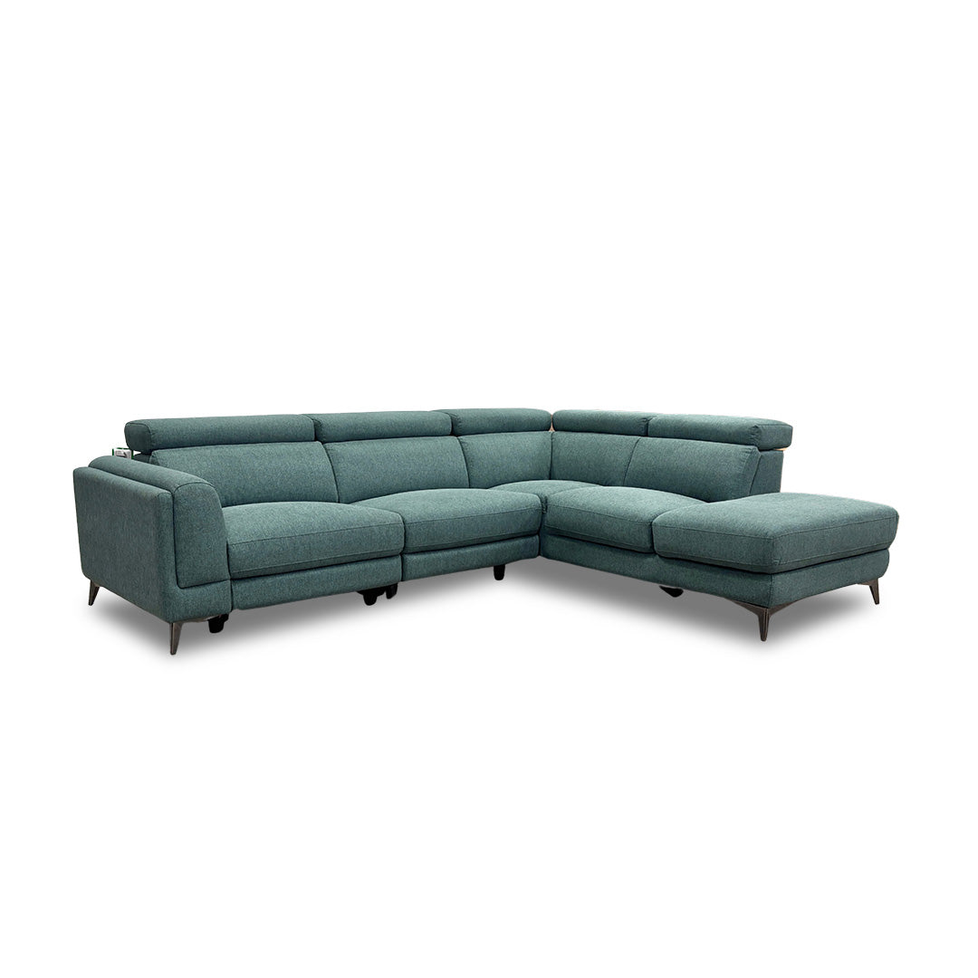 ‘Cordova’ Green Fabric Power Recliner Right Hand Chaise Corner Sofa with Adjustable Headrests