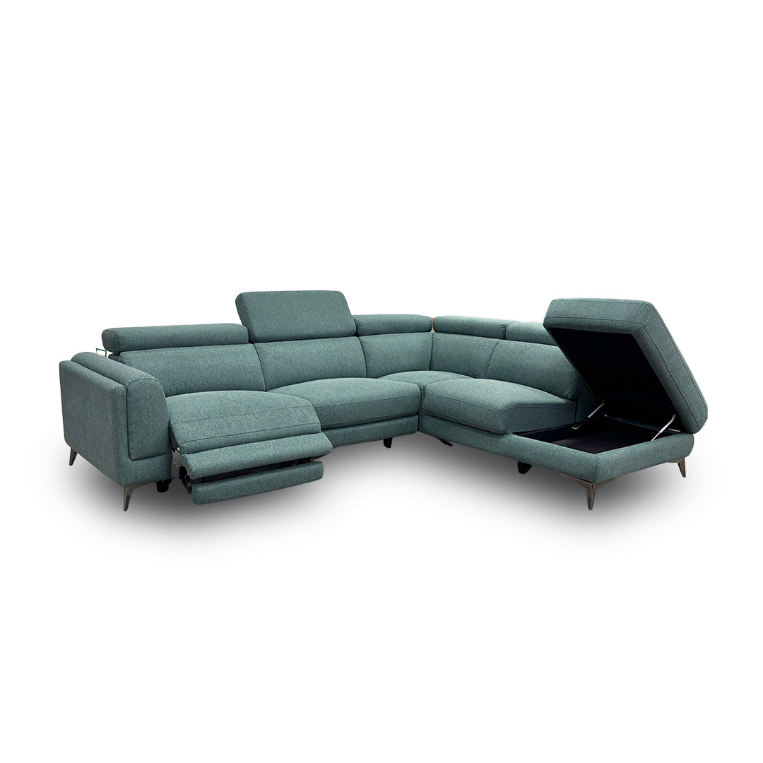‘Cordova’ Green Fabric Power Recliner Right Hand Chaise Corner Sofa with Adjustable Headrests