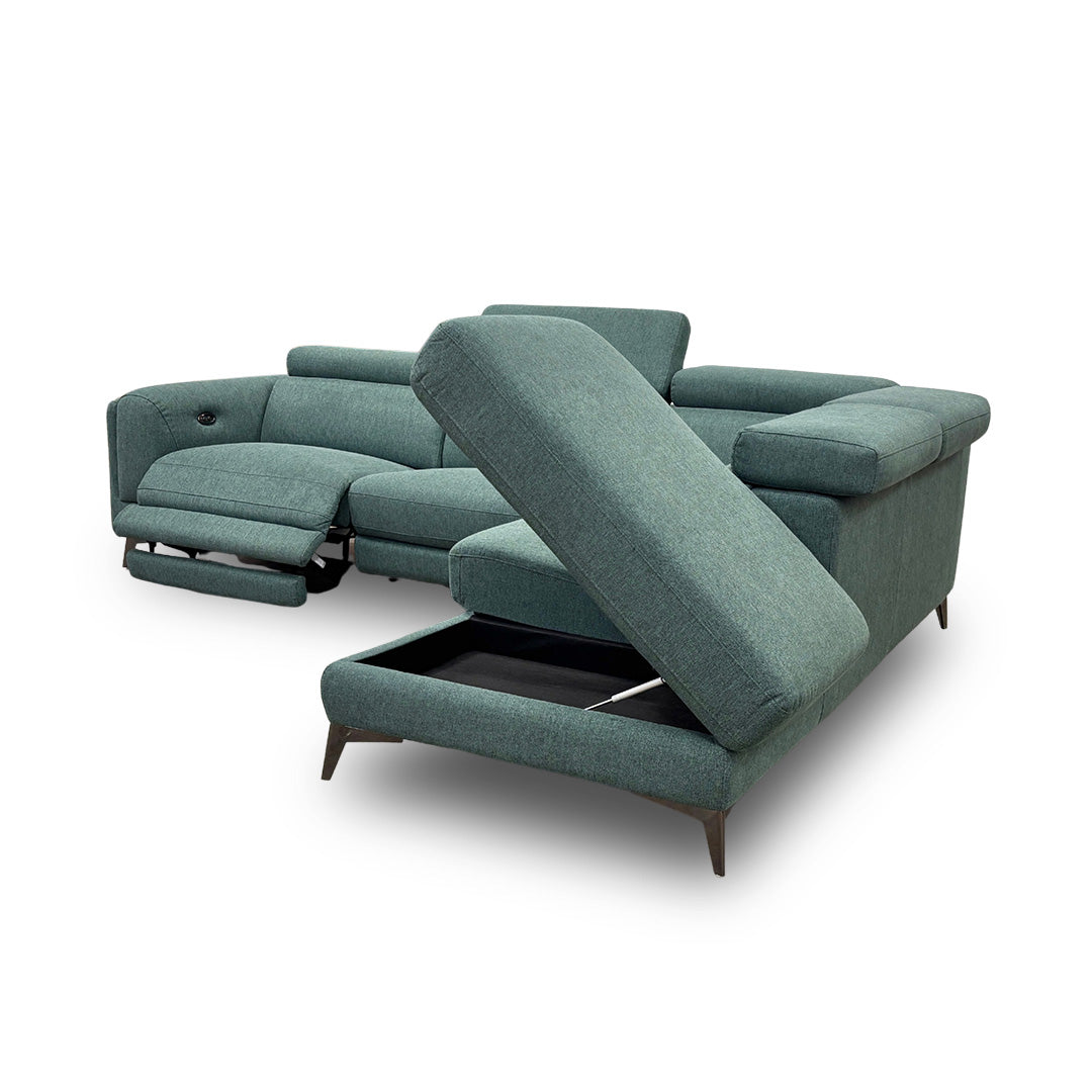 ‘Cordova’ Green Fabric Power Recliner Right Hand Chaise Corner Sofa with Adjustable Headrests