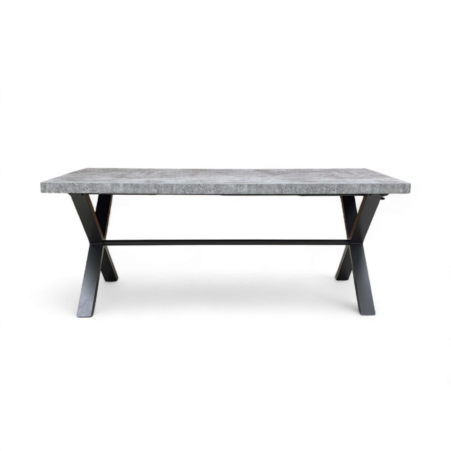 Dining table with marble top and black metal legs on a white background