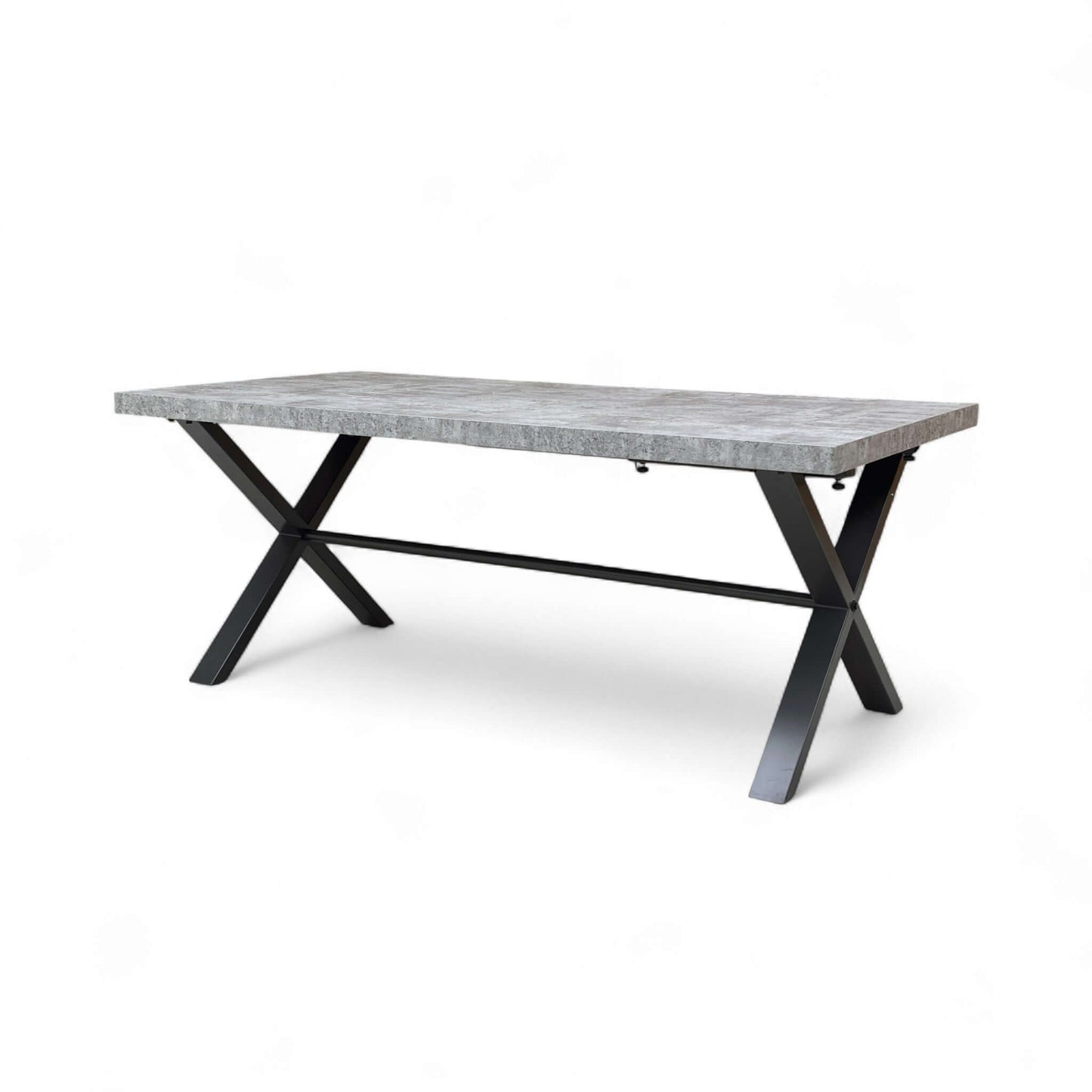 Rectangular dining table with concrete top and black metal legs on a white background