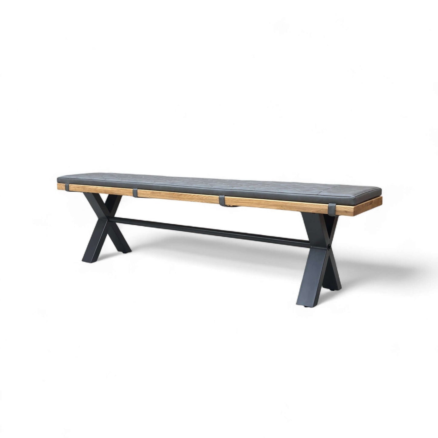 Long bench with black top and wooden sides on a white background