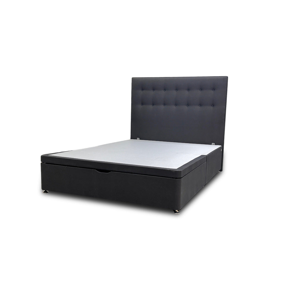 ‘Silentnight’ Charcoal Ebony Goya Fabric Divan Bed with Ottoman Storage + Floorstanding Headboard