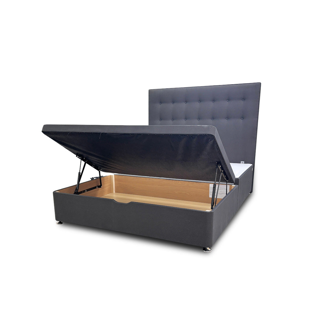 ‘Silentnight’ Charcoal Ebony Goya Fabric Divan Bed with Ottoman Storage + Floorstanding Headboard