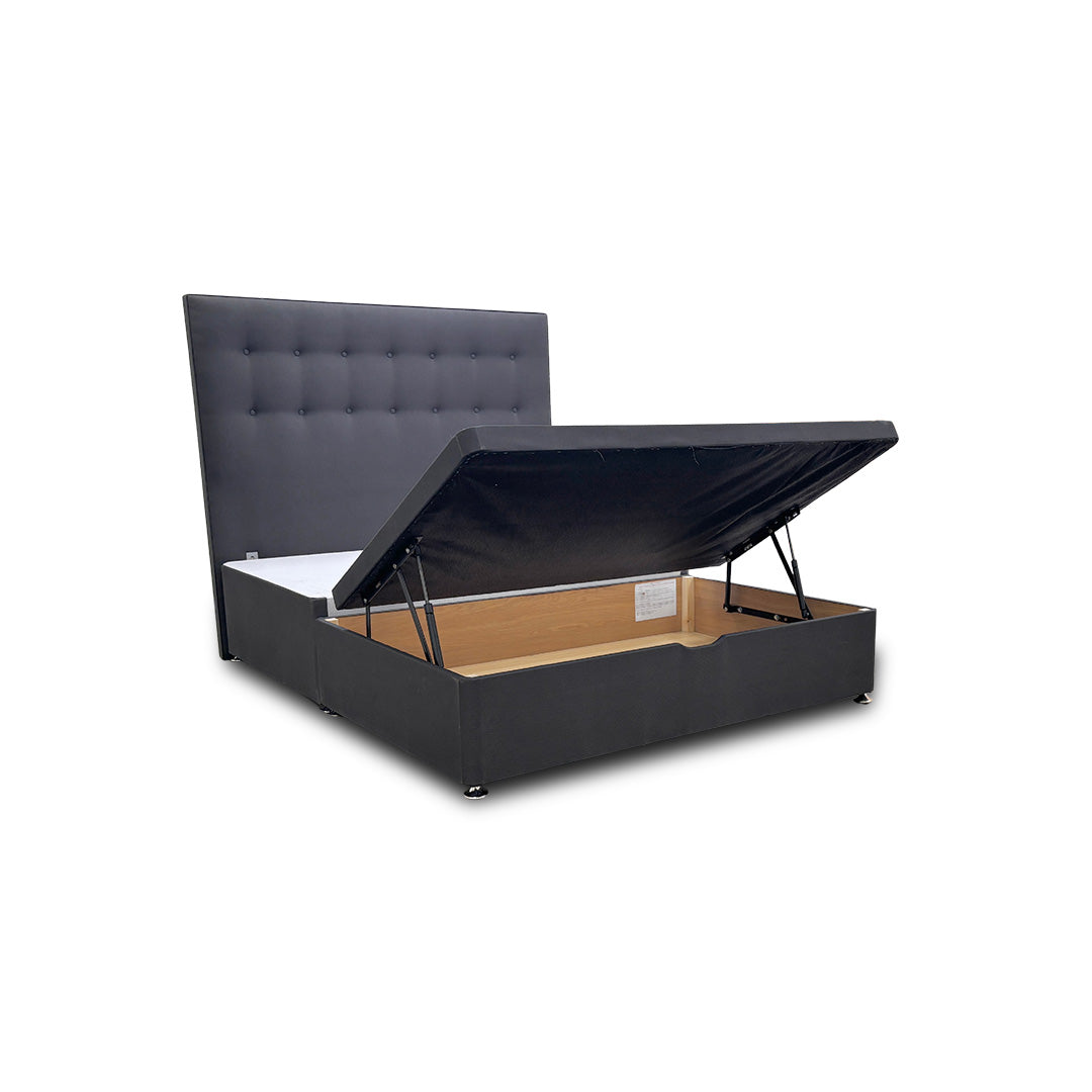 ‘Silentnight’ Charcoal Ebony Goya Fabric Divan Bed with Ottoman Storage + Floorstanding Headboard
