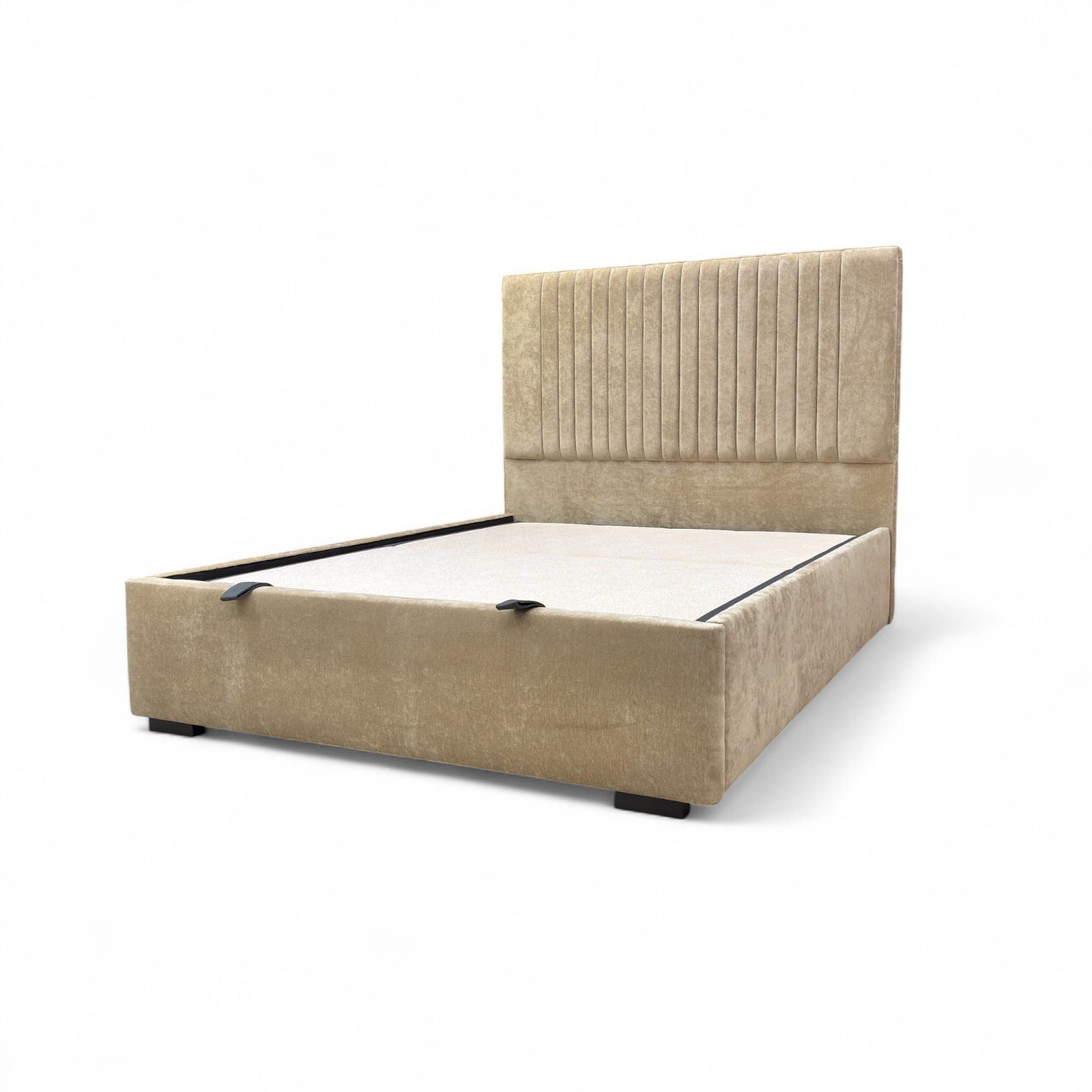 Beige upholstered bed with headboard on a white background
