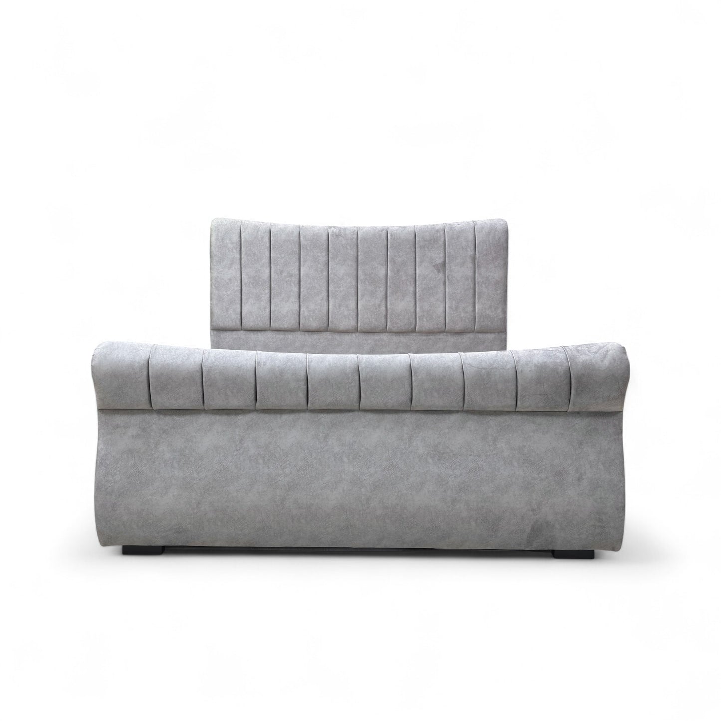 Gray upholstered headboard and footboard on a white background