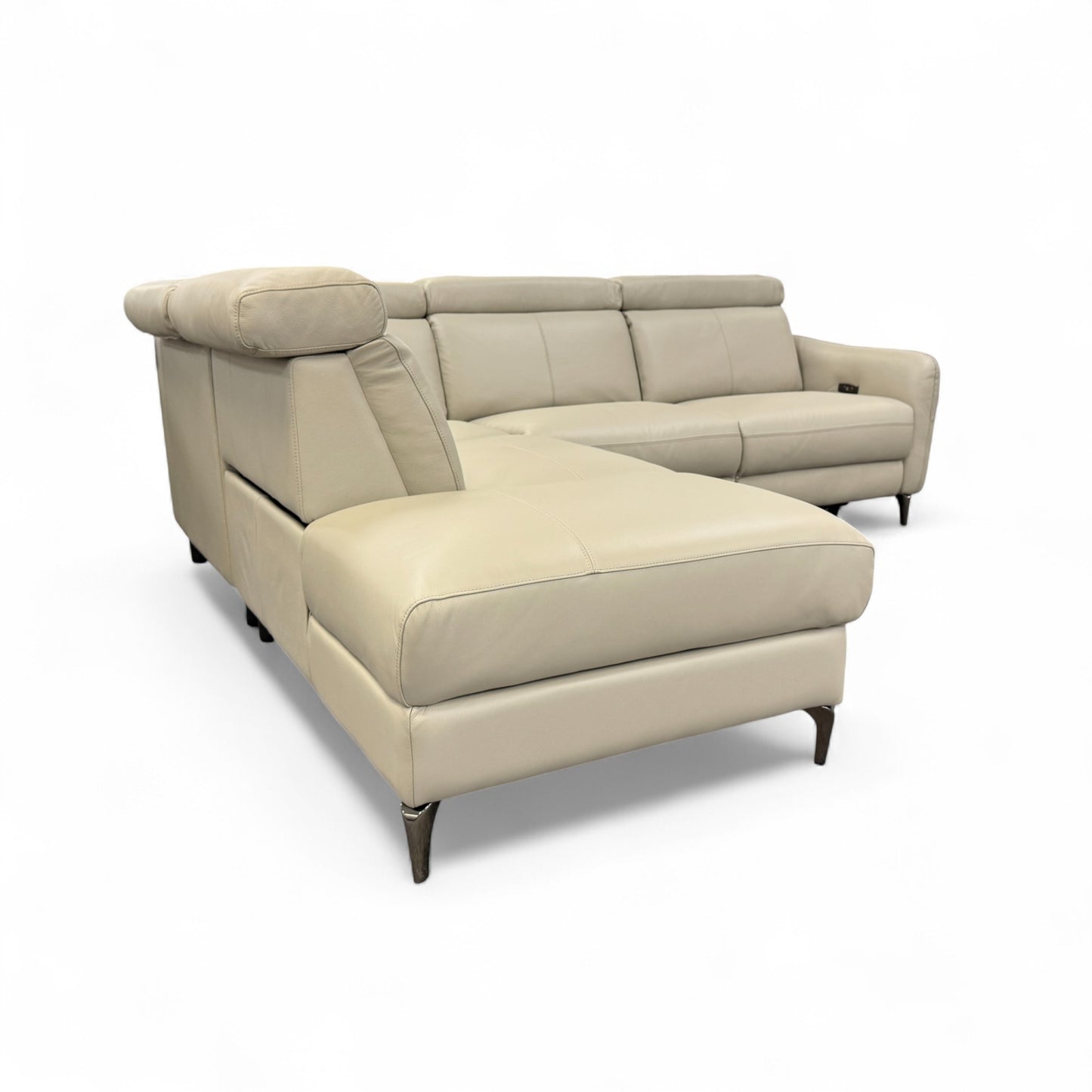 ‘Nico’ Stone Leather Power Recliner Left Hand Facing Chaise Corner Sofa with Storage and Adjustable Headrests