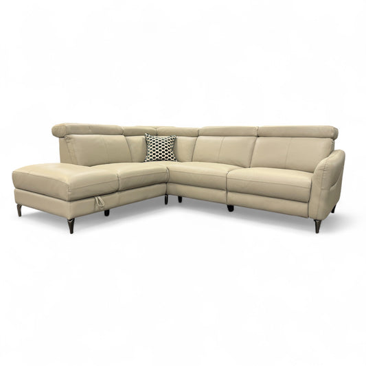 ‘Nico’ Stone Leather Power Recliner Left Hand Facing Chaise Corner Sofa with Storage and Adjustable Headrests