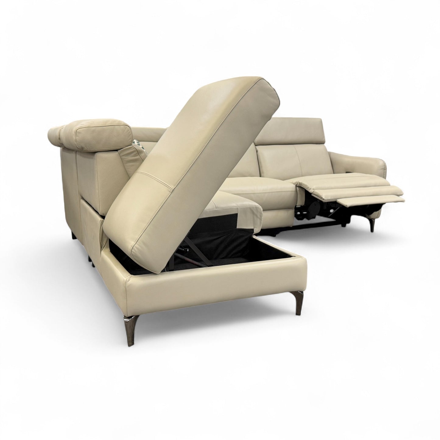 ‘Nico’ Stone Leather Power Recliner Left Hand Facing Chaise Corner Sofa with Storage and Adjustable Headrests
