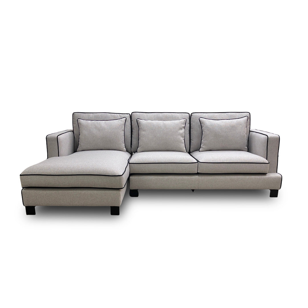 ‘Demure’ Silver Demure Textured and Velvet Left Hand Facing Arm 4 Seater Chaise Sofa