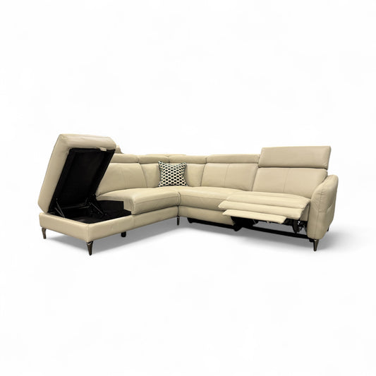 ‘Nico’ Stone Leather Power Recliner Left Hand Facing Chaise Corner Sofa with Storage and Adjustable Headrests