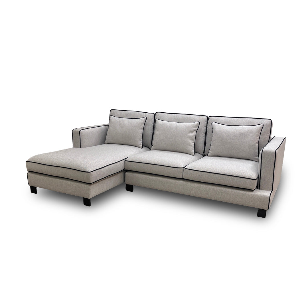 ‘Demure’ Silver Demure Textured and Velvet Left Hand Facing Arm 4 Seater Chaise Sofa