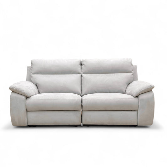 Straight-on view of the Silver Suede 3 Seater Power Sofa, highlighting the three seat cushions and padded backrests.