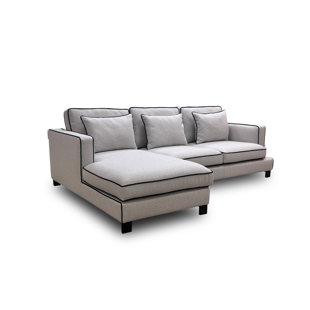 ‘Demure’ Silver Demure Textured and Velvet Left Hand Facing Arm 4 Seater Chaise Sofa