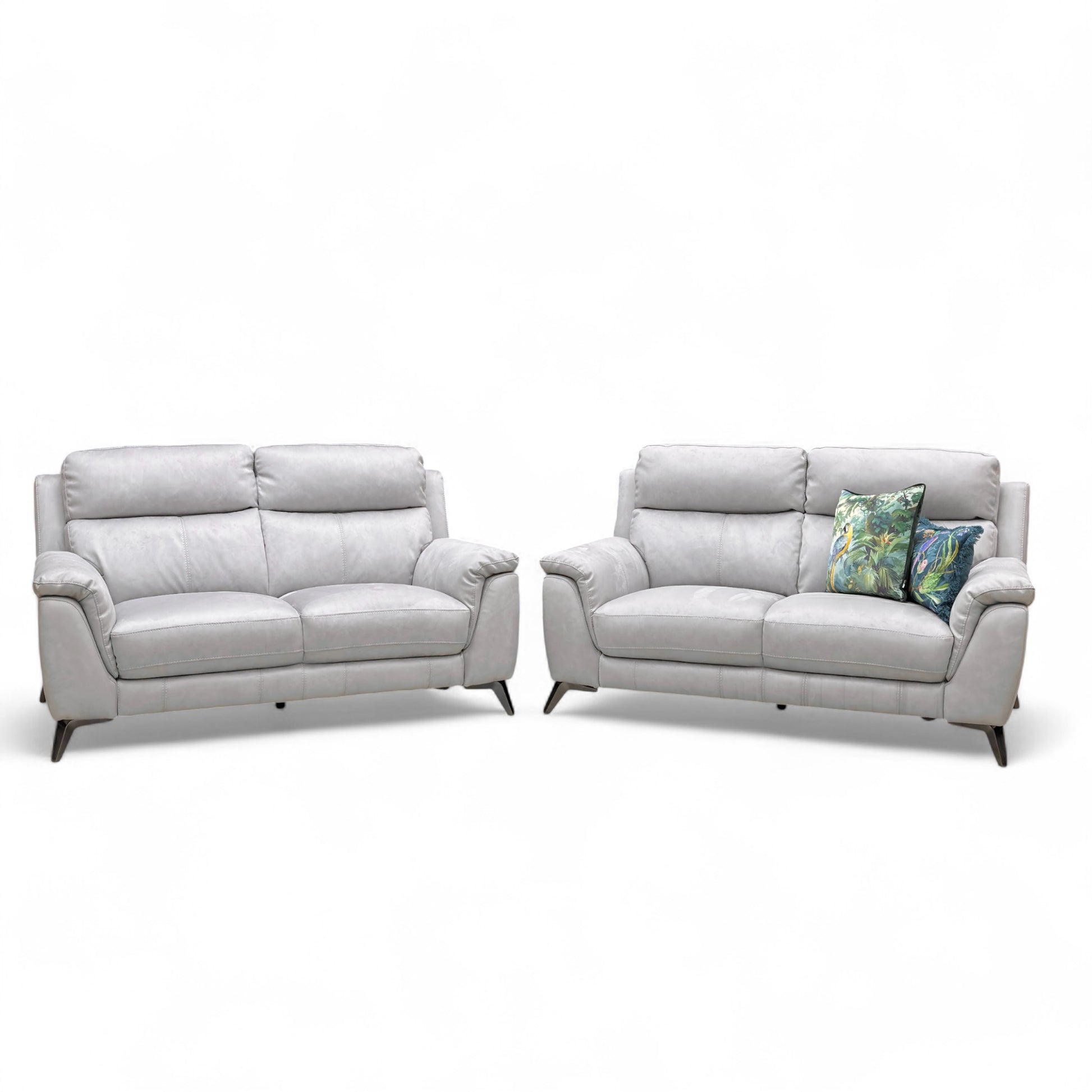 Straight-on view of one of the Bluish Grey Contempo 2-seater sofas, highlighting the contemporary shape and high back cushions.