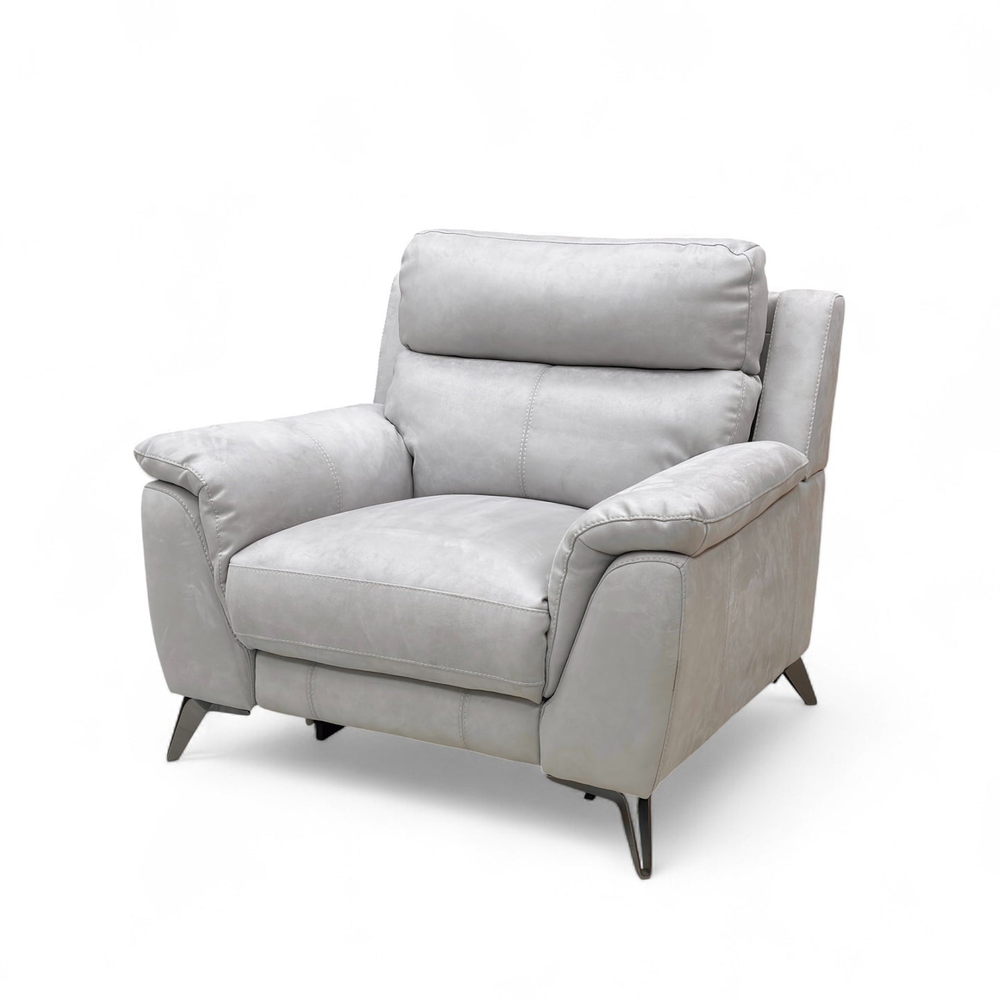 Front view of the armchair fully reclined, demonstrating the extended footrest for maximum comfort.
