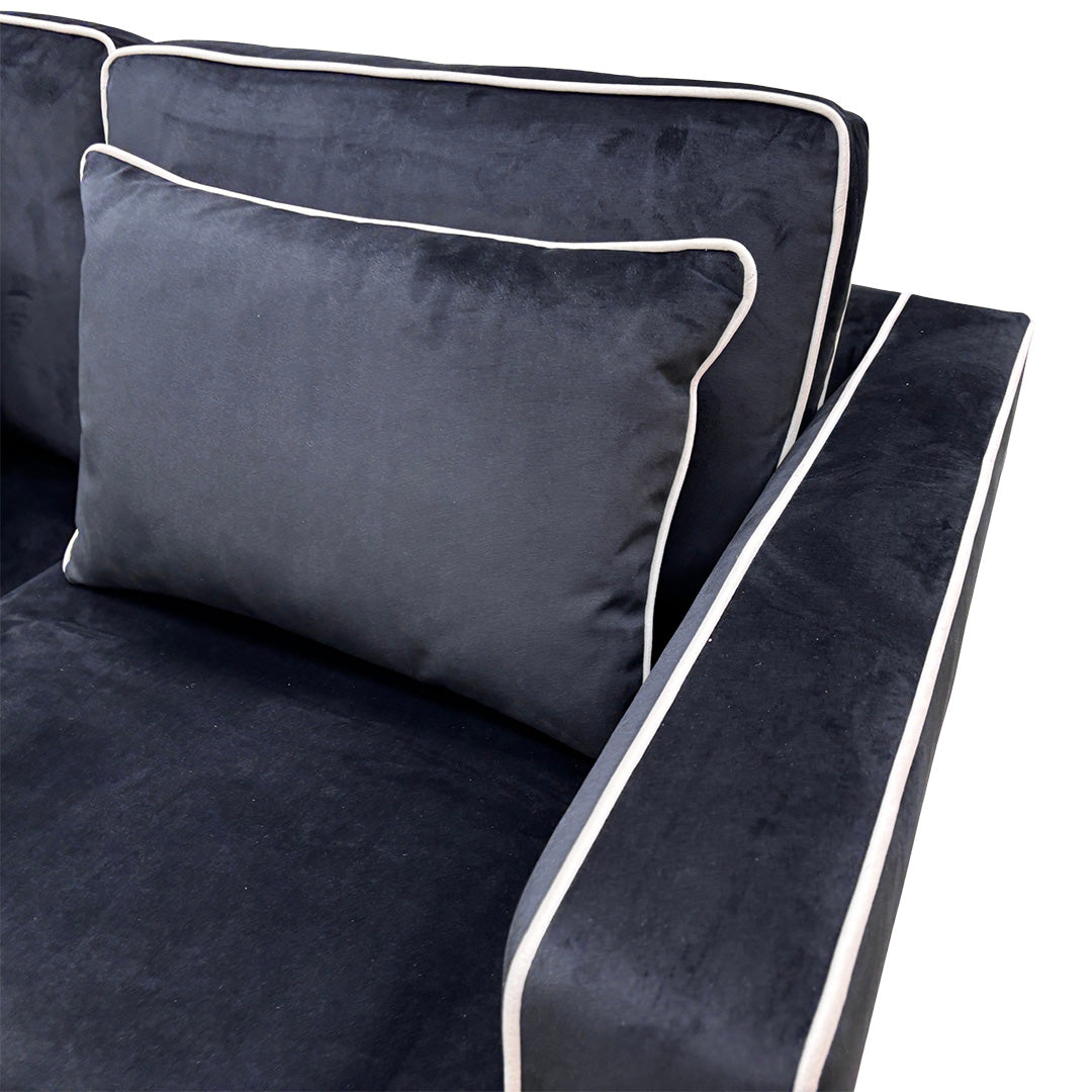 ‘Demure' Black Demure Velvet Left Hand Facing Arm 4 Seater Chaise Sofa + Banquette Footstool