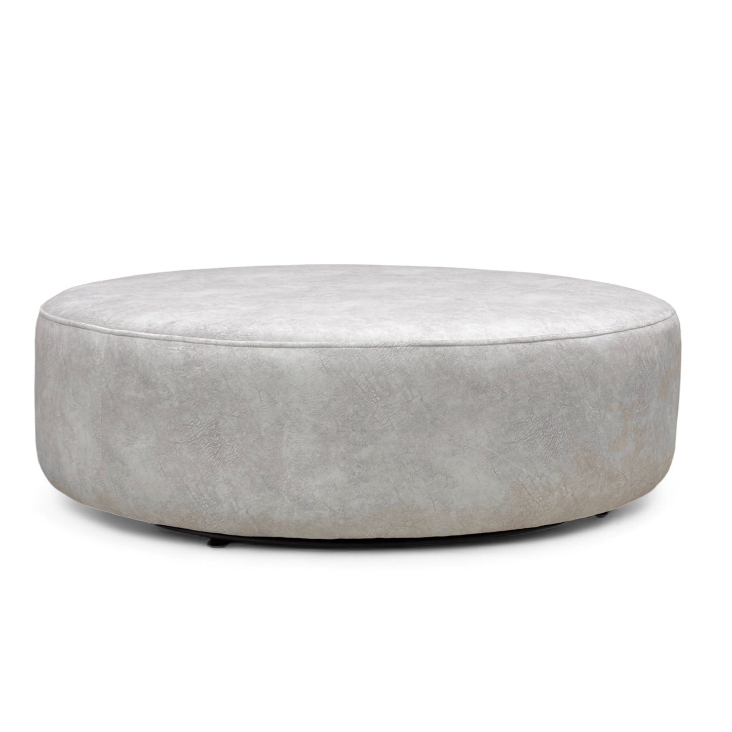 Side view of the round twister footstool, emphasizing its low-profile height and substantial build with the swivel base visible underneath