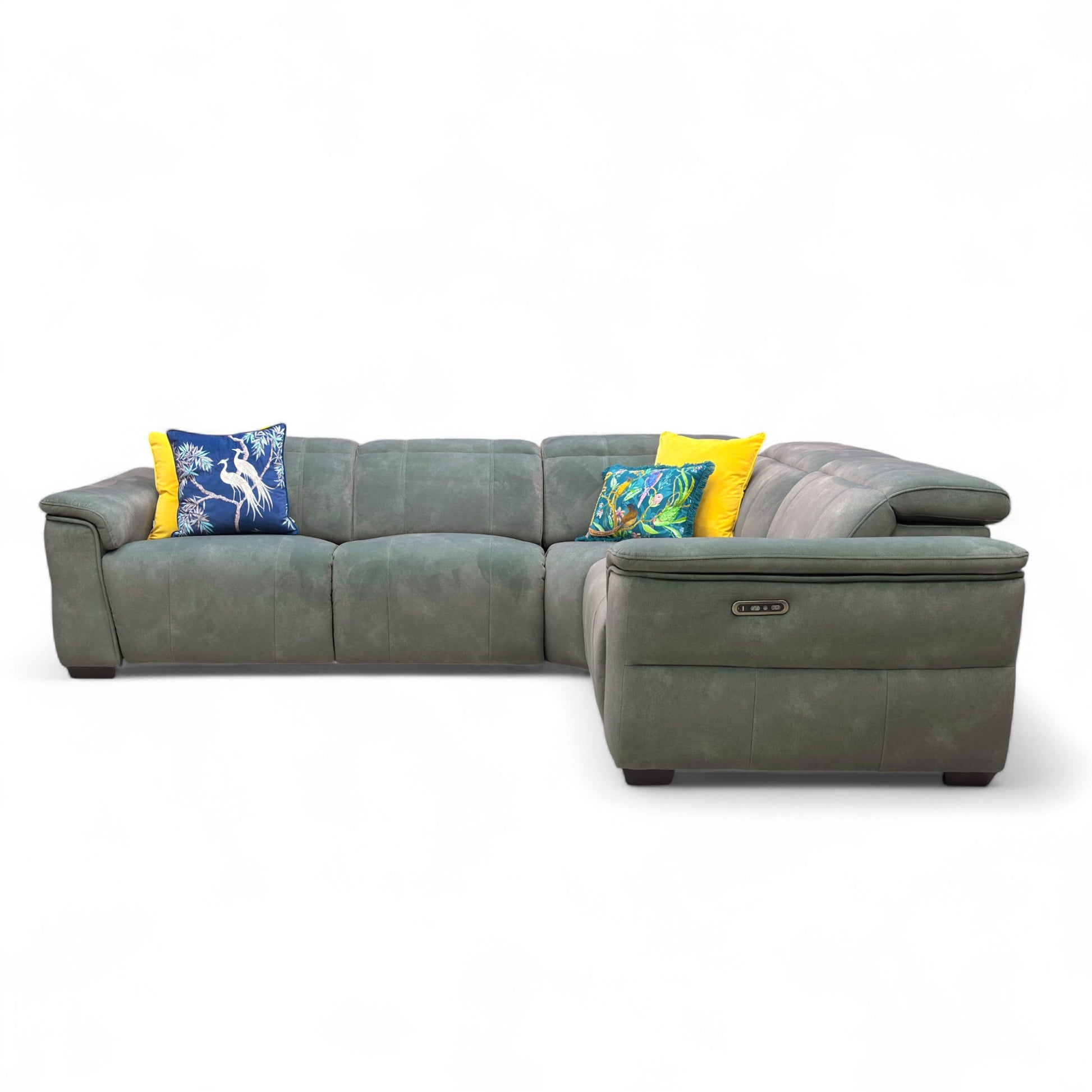 View of the right-hand facing corner chaise section of the sofa, emphasizing the deep seating and comfortable, padded armrest