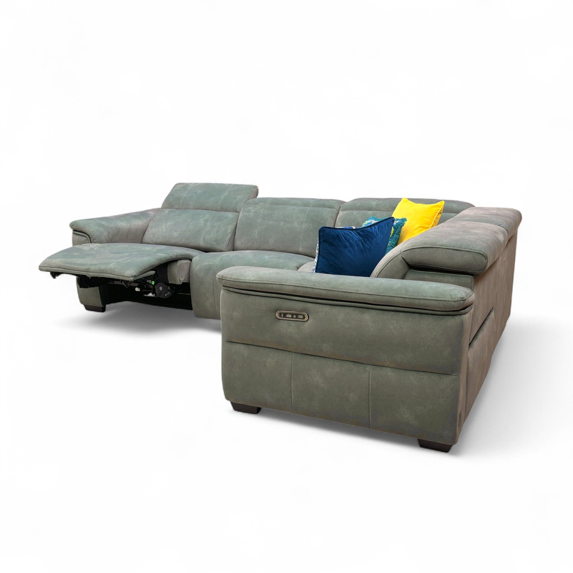 Side view of the sofa with the footrest extended, illustrating the full recline position and the sofa's overall profile