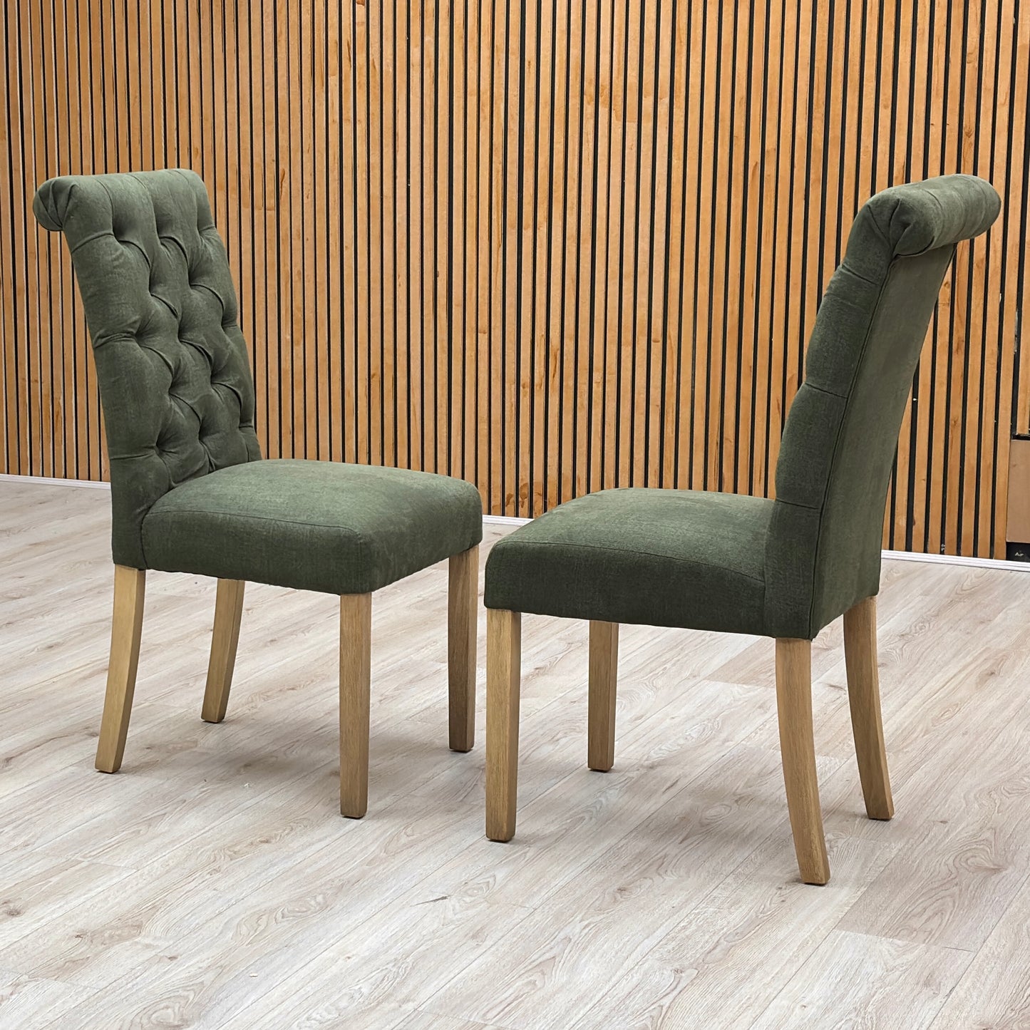 ‘Hamilton’ Forest Green Fabric Roll Back Button Back Pair of Dining Chairs
