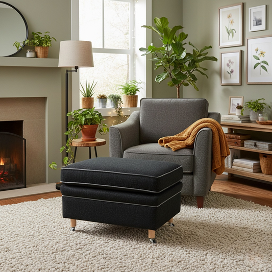 Duresta ‘McMann’ Navy Fabric Footstool on Caster Legs