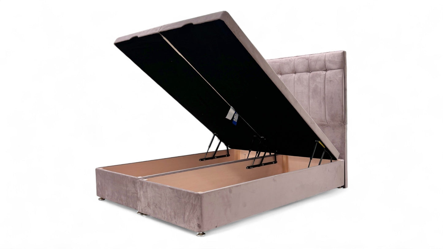 Sleep Story End-lift Ottoman Divan Base + Sleepeezee ‘Beam’ Floor Standing Headboard in Plush Light Pink Velvet - King