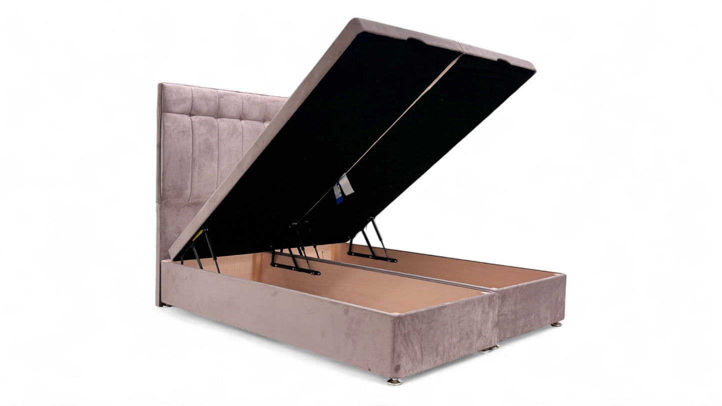 Sleep Story End-lift Ottoman Divan Base + Sleepeezee ‘Beam’ Floor Standing Headboard in Plush Light Pink Velvet - King