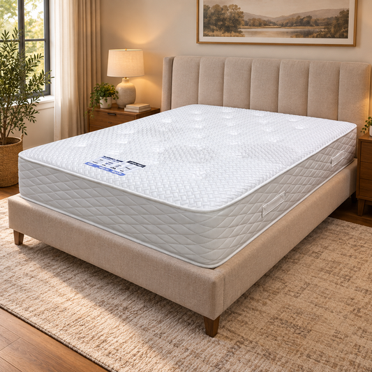 Cloud 2000 pocket memory double mattress on an upholstered beige bed in a bedroom