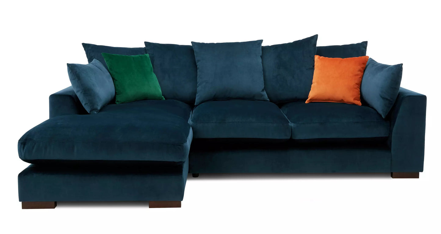 ‘Plush’ Dark Blue Sensual Velvet Pillow Back Left Hand Facing Small Chaise End Sofa
