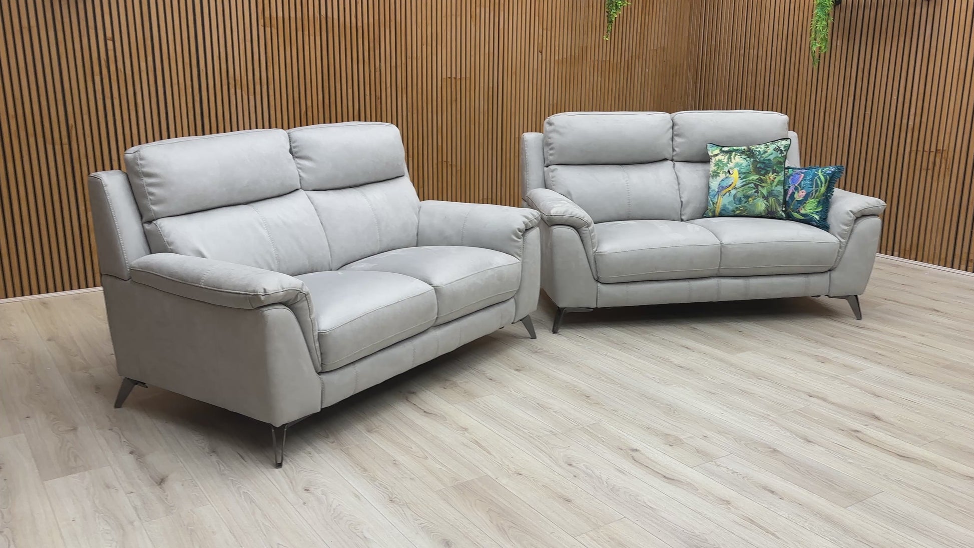 Video of a Contempo Bluish Grey Suede Fabric Sofa Set within a room.