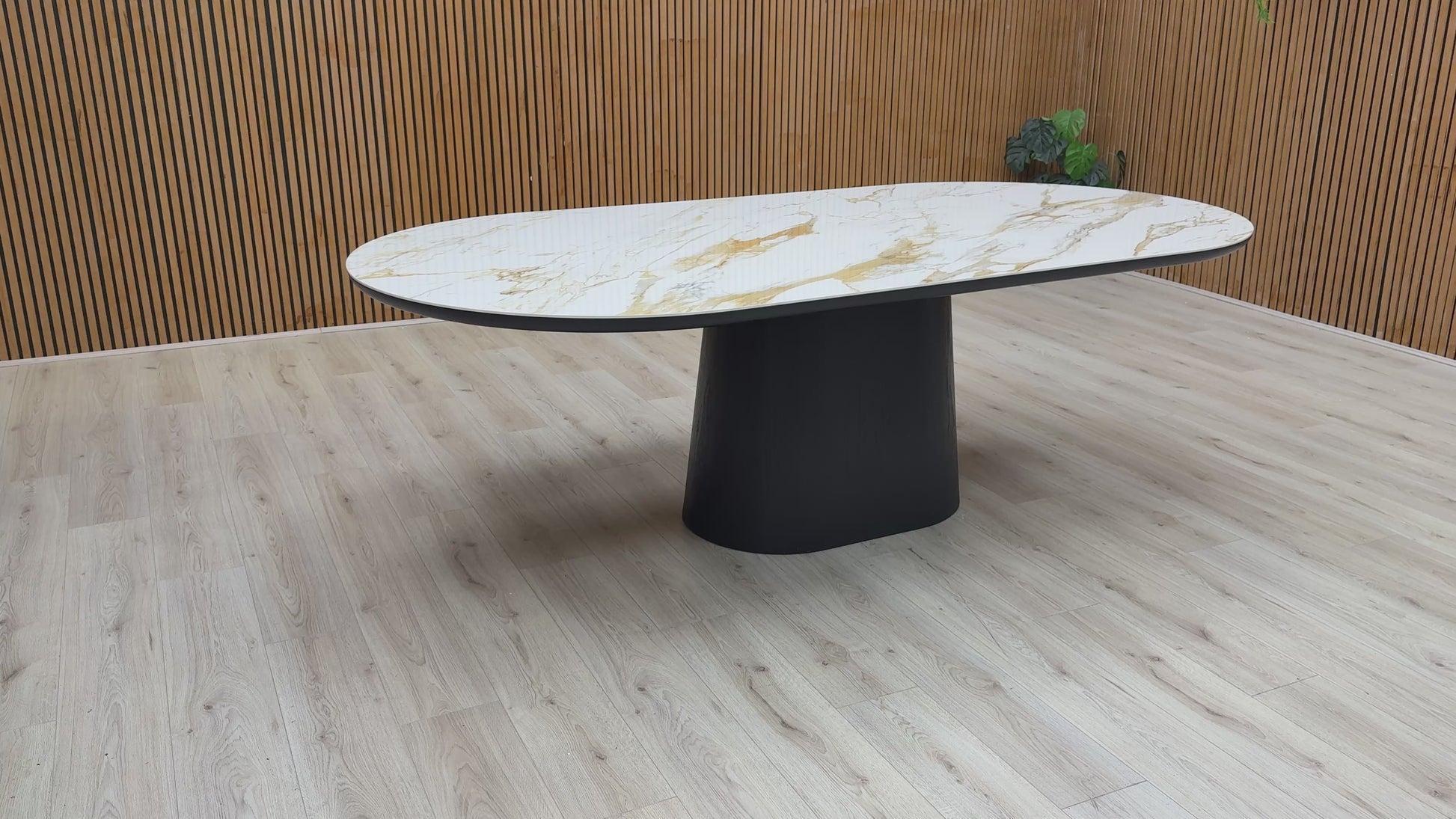 Video thumbnail for a clip demonstrating the scale, materials, and overall sophisticated design of the 'Allegra' ceramic dining table.