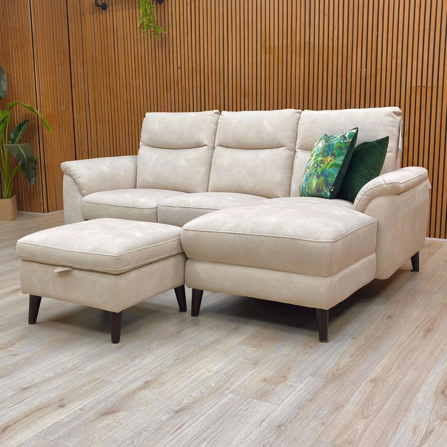 ‘Morgan’ Dexter Ivory 43501 Velvet Right Hand Facing 3 Seater Power Recliner Sofa with Open Chaise End + Storage Footstool