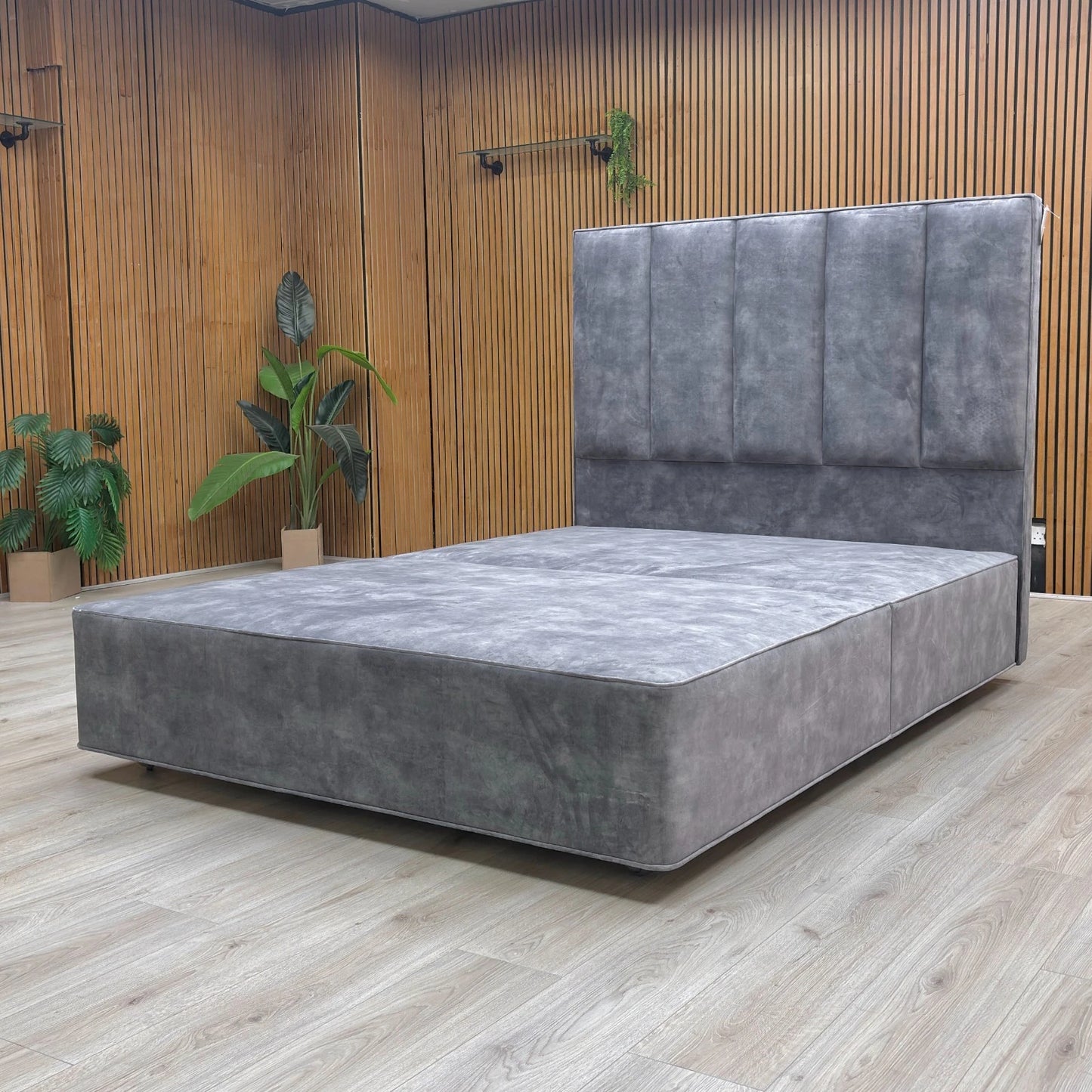 ‘Ceto’ 4067 Lovely Armour Grey Velvet Floor Standing Headboard + Double Divan Base - King