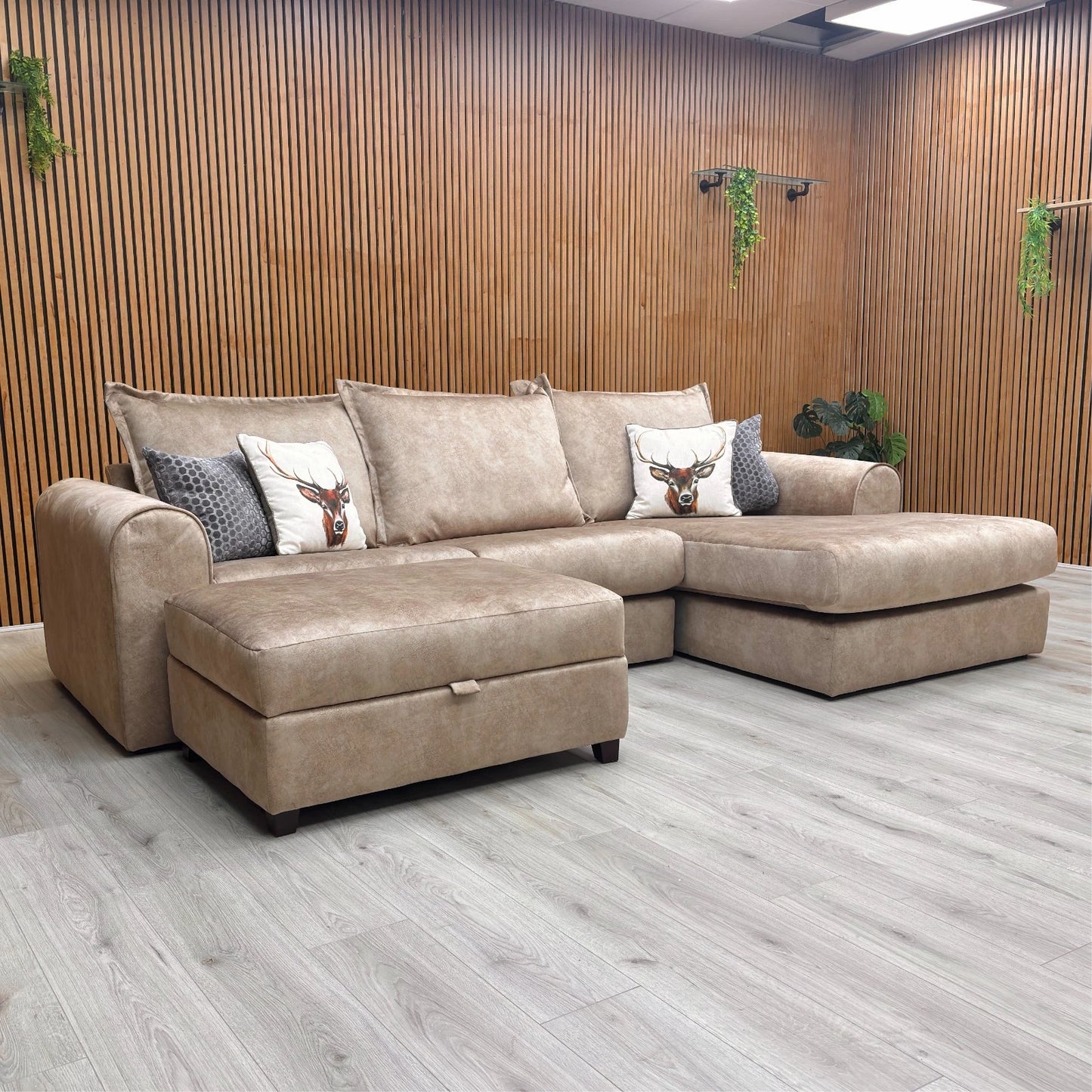 'Serenis' Caramel Rest Velvet Right Hand Facing 3 Seater Chaise Sofa + Large Storage Footstool