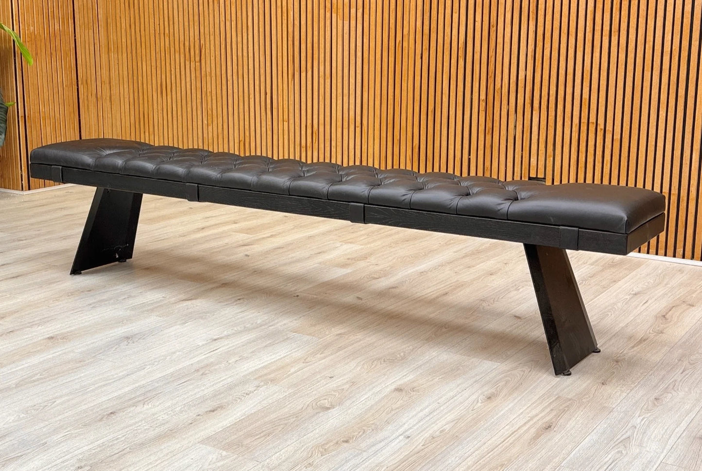‘Lucio’ 02 Smoked Solid Oak 240cm Dining Bench with Black Button Top Leather Bench Pad
