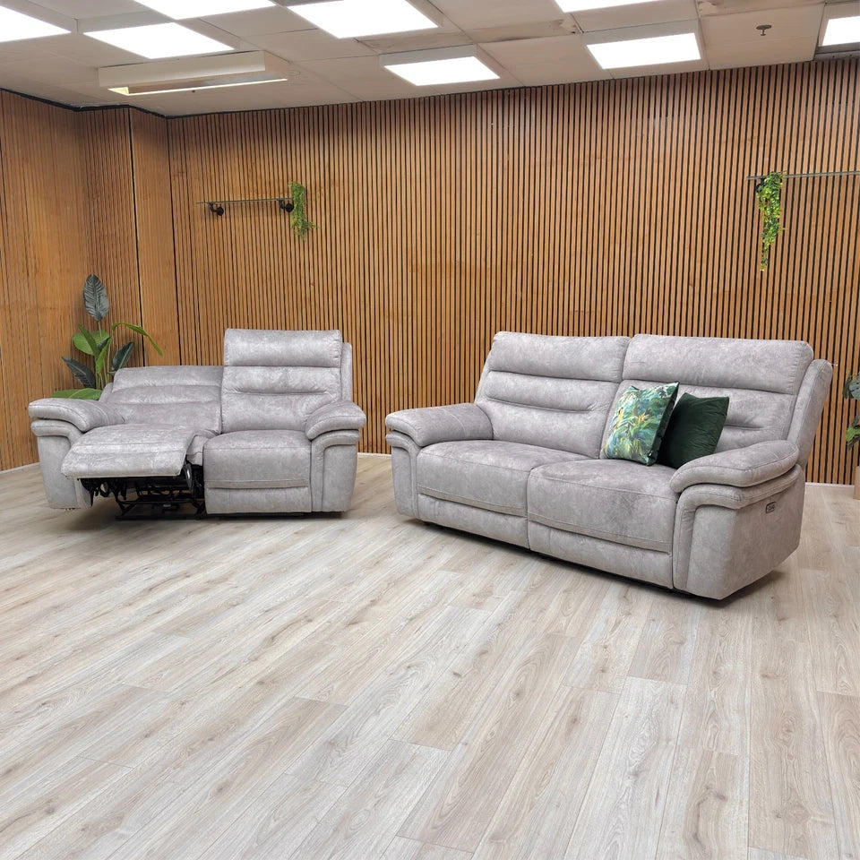 'Berlin’ Light Grey Be-0102 Dapple Velvet Power Recliner 3 + 2 Seater Sofa Set