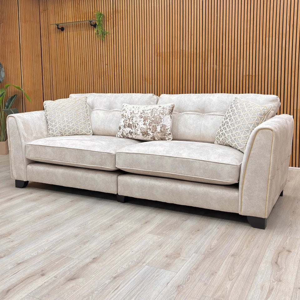 ‘Mariah’ Dapple Cream-Tri Brass Insert Velvet Classic Back 4 Seater Split Frame Sofa