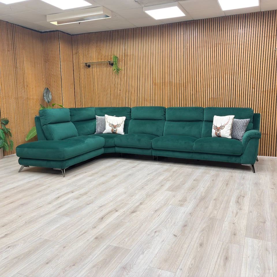 'Contempo' Fab-Meo-R37 Emerald Green Velvet Left Hand Facing Open Chaise End Corner Sofa + Armless Unit