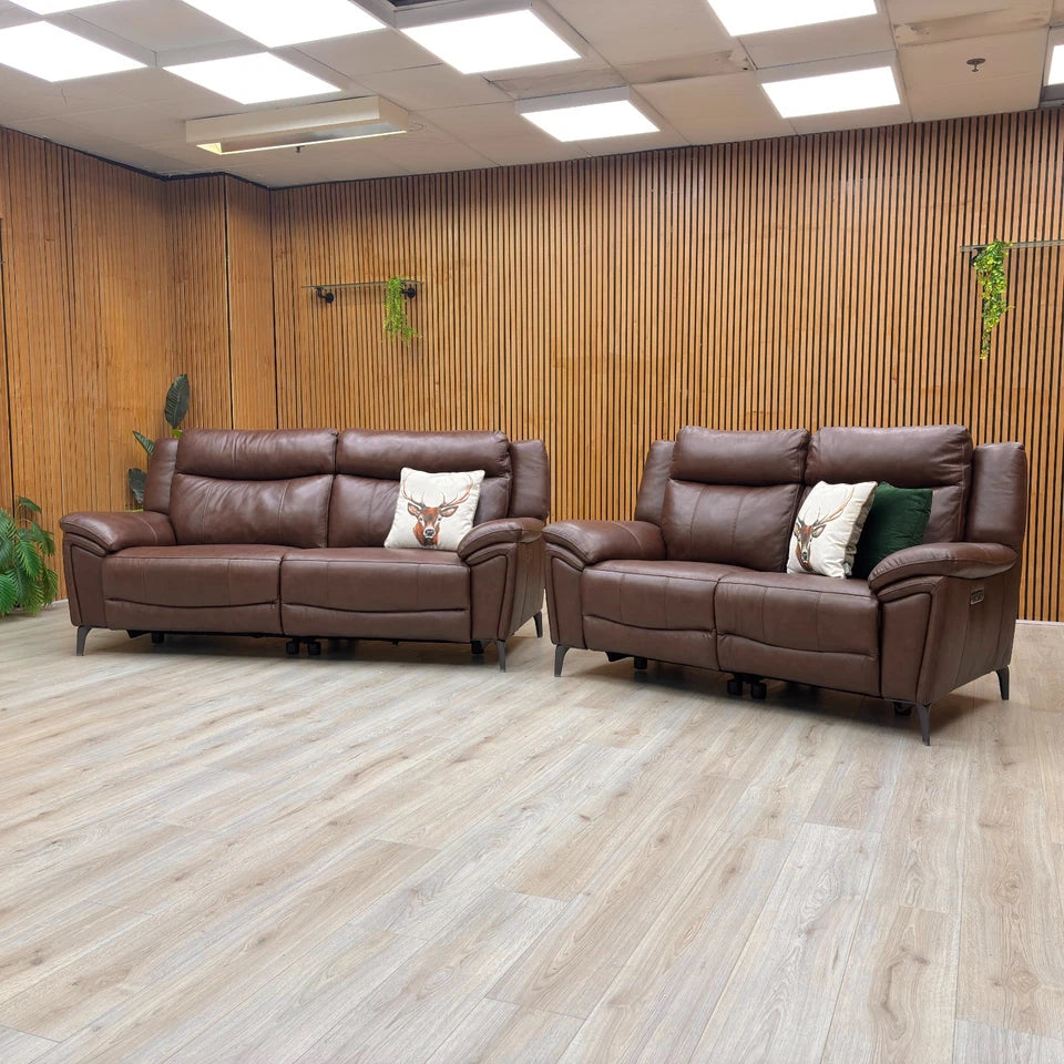 ‘Panache’ Chocolate Cat-60:08 Leather 3 Seater Power Recliner Sofa with Power Headrests + 2 Seater Power Recliner Sofa Set